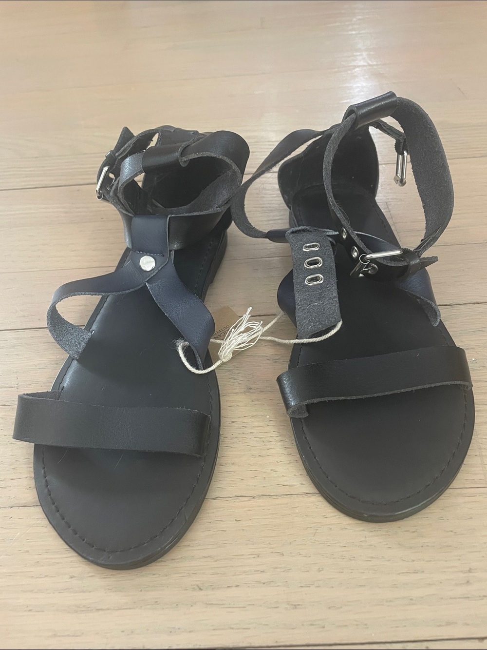 American Eagle Outfitters Black Leather Ankle-Tie Flat Sandals